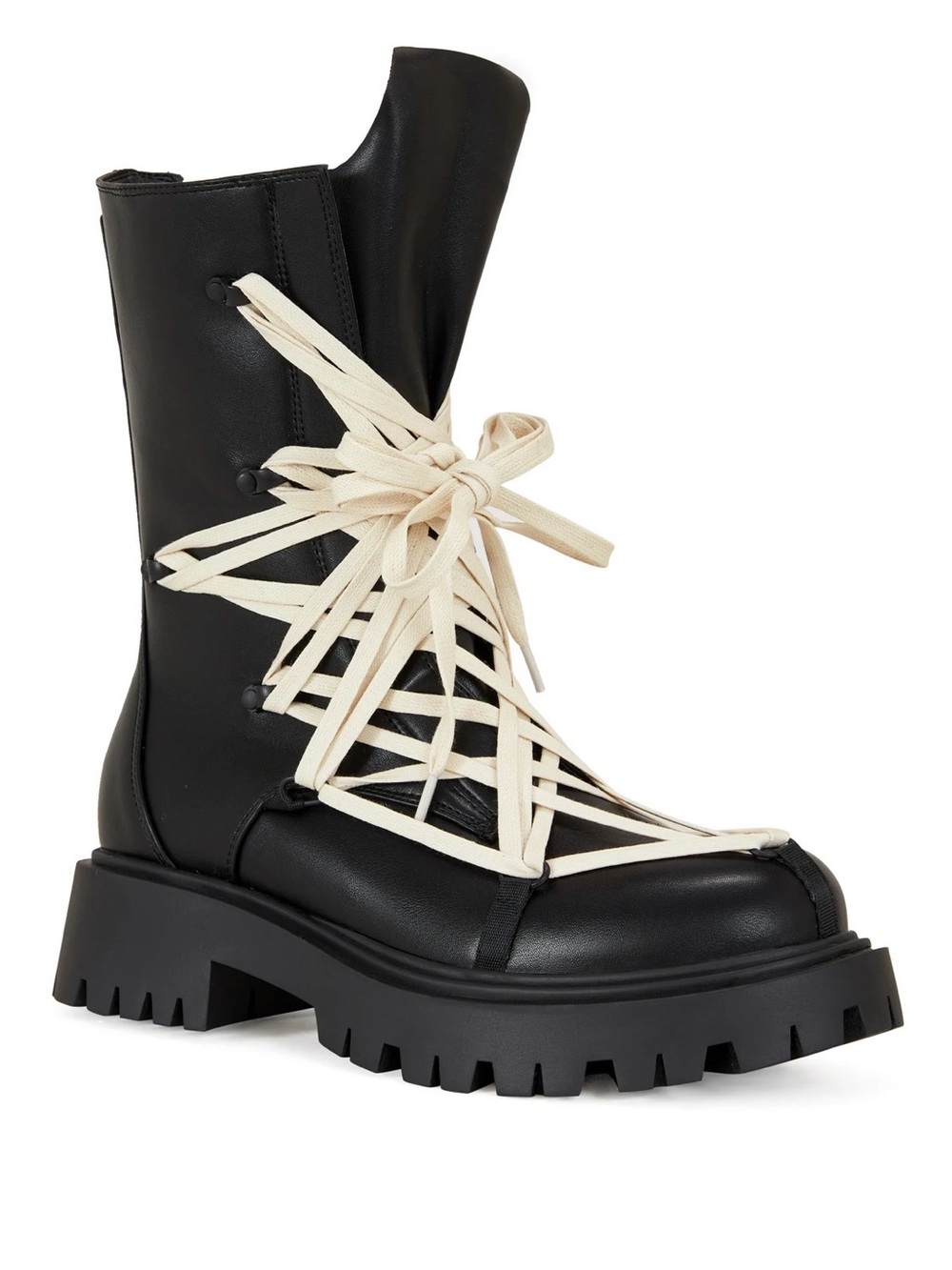 Women’s Black Lace-Up Chunky Combat Boot with Cream Laces Sz 11 or Mens 9 1/2